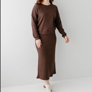 Mikarose chocolate brown ribbed midi skirt and sweater two piece set